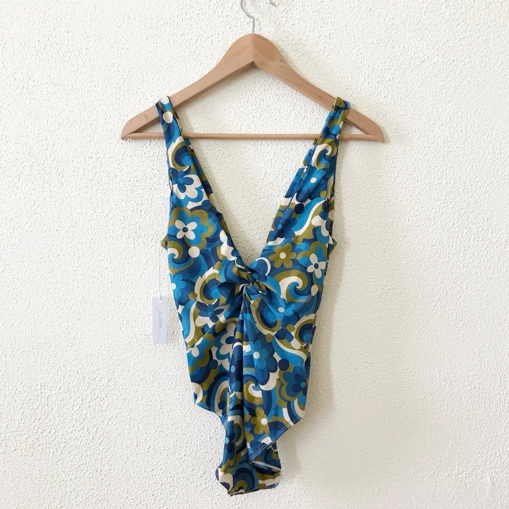 Blue Floral One-Piece Swimsuit with Front Twist